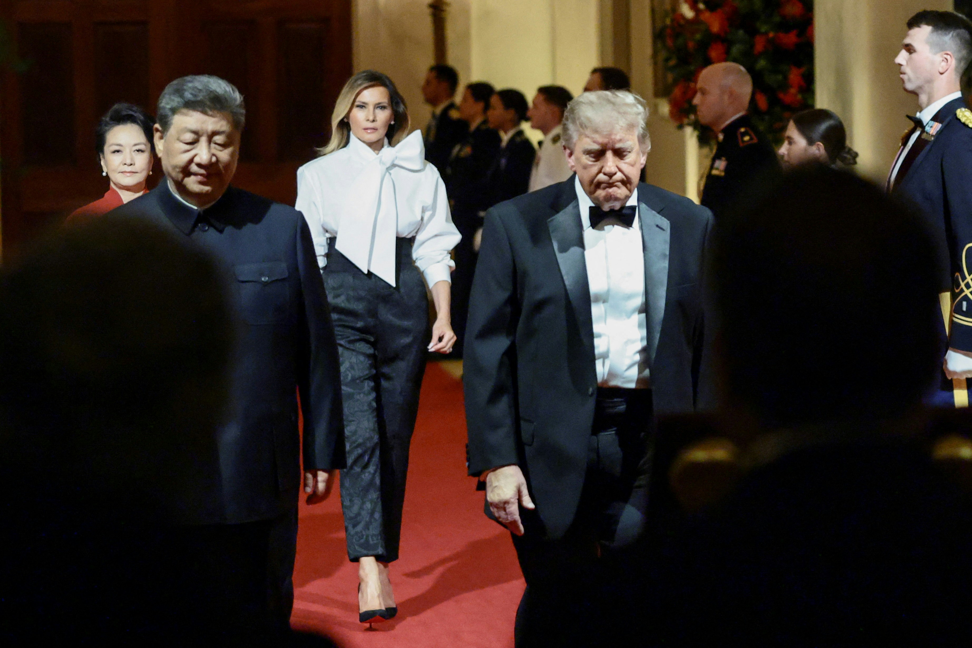 2026年9月24日，美国总统特朗普（Donald Trump）、第一夫人梅拉尼娅（Melania Trump）、中国国家主席习近平及其夫人彭丽媛，在白宫出席国宴。（Reuters）