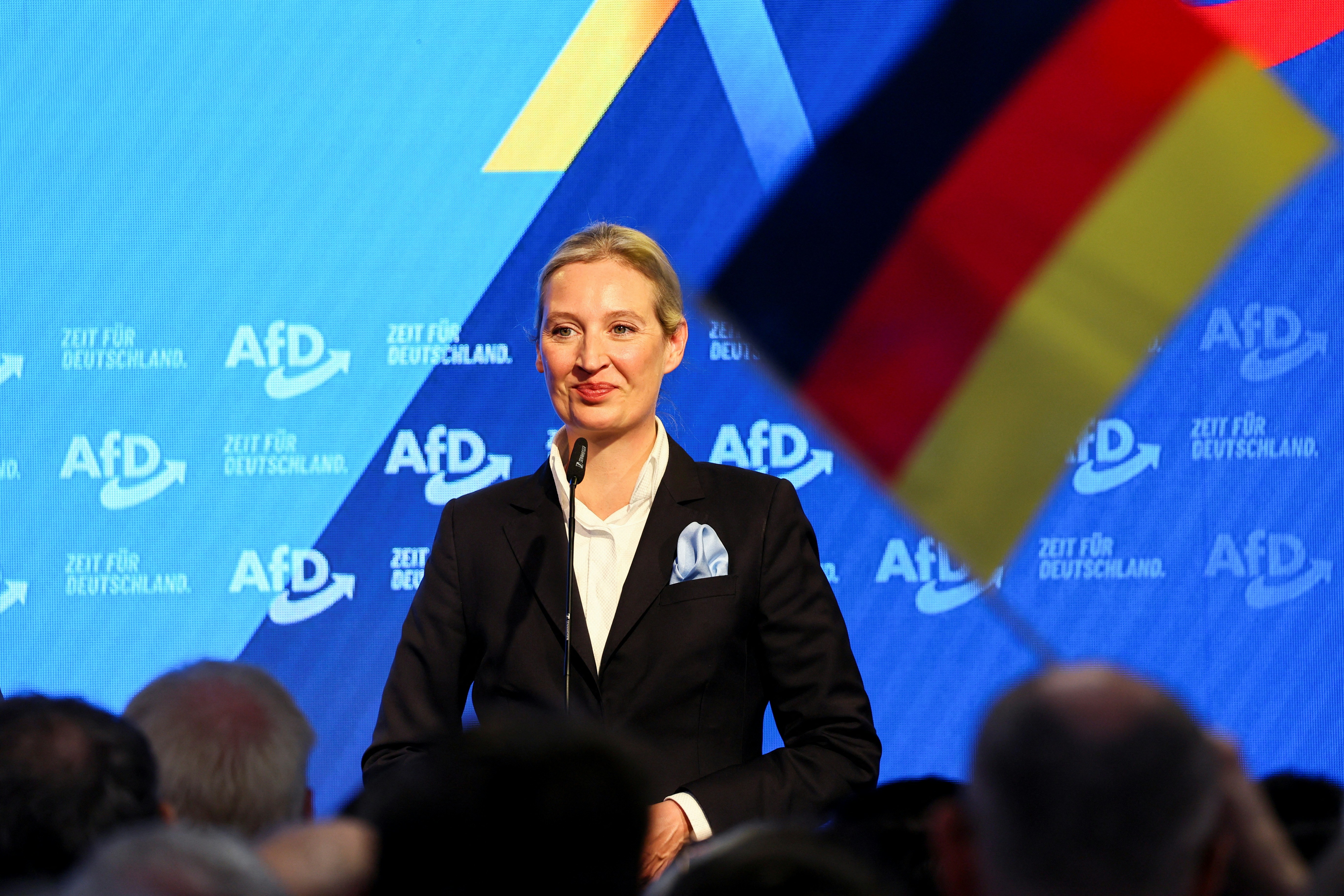 图为2025年2月23日,极右翼德国选择党(Alternative for Deutschland,简称AfD)联席主席魏德尔(Alice Weidel)会见支持者,对票站民调结果表示满意。(Reuters)