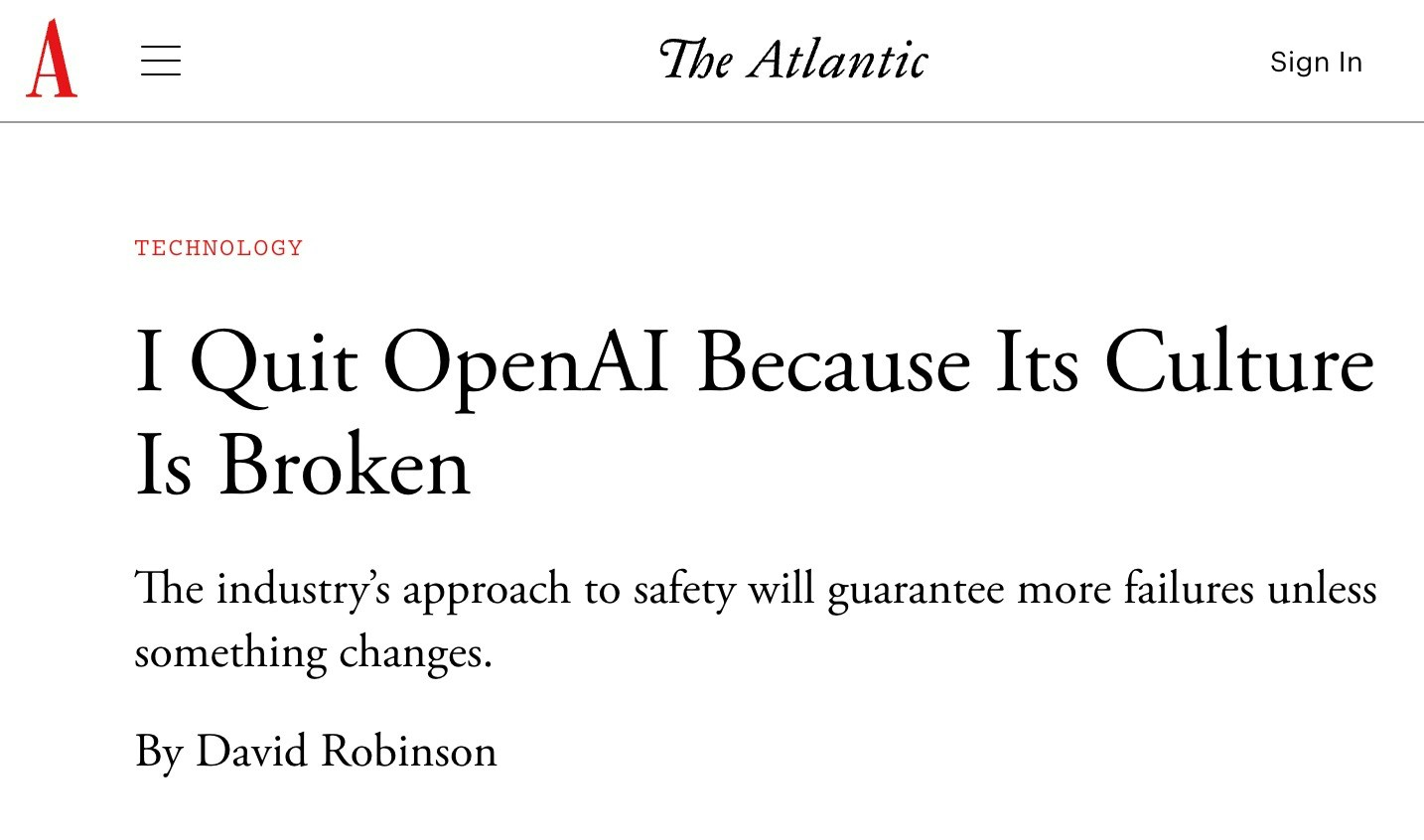 OpenAI 安全系统团队负责人大卫·罗宾逊（David Robinson）突然辞职，并撰文炮轰OpenAI 内部文化崩坏。