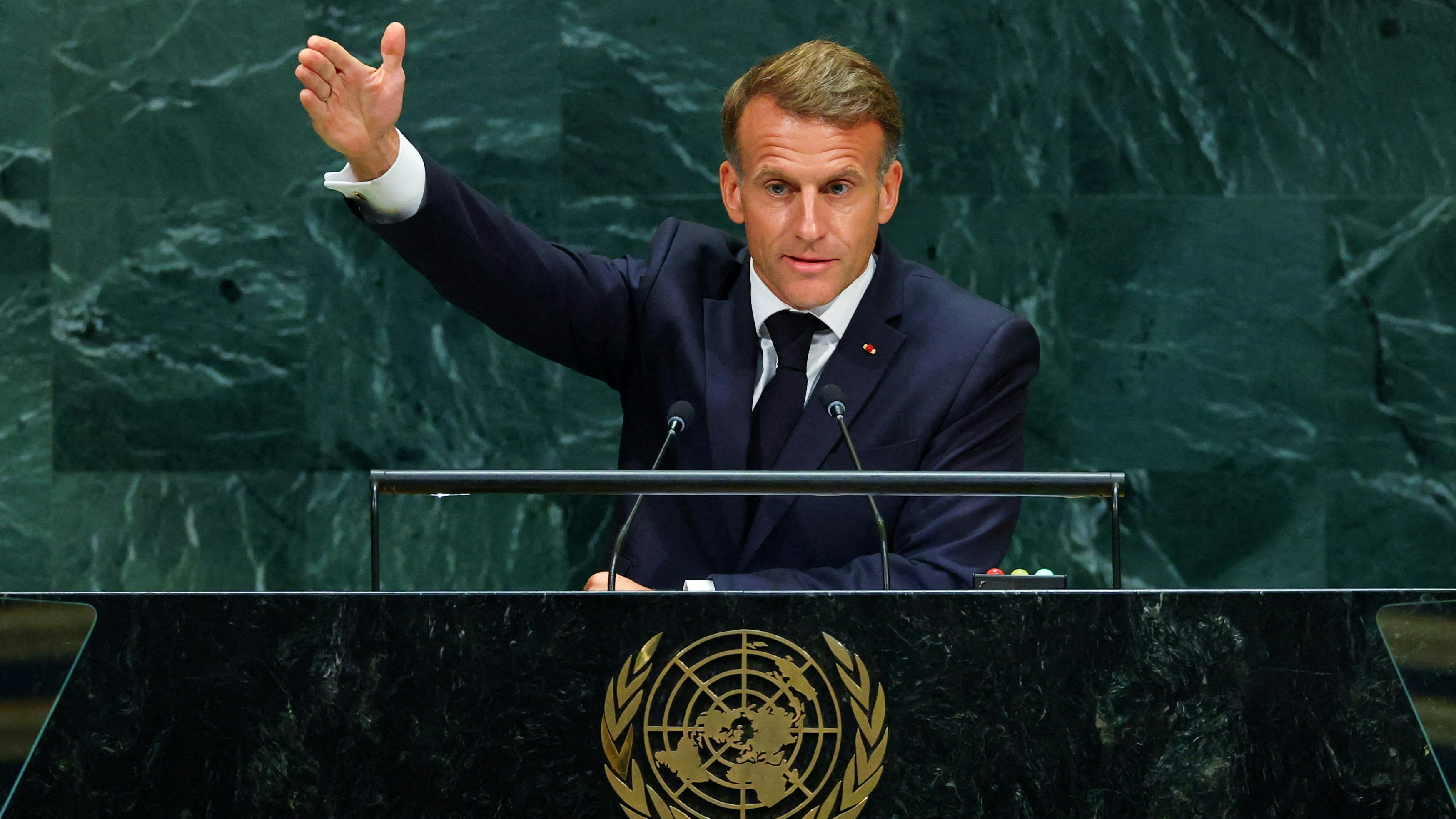 2026年9月22日，美国纽约，法国总统马克龙（Emmanuel Macron）在联合国总部向第81届联合国大会发表演说。（Reuters）