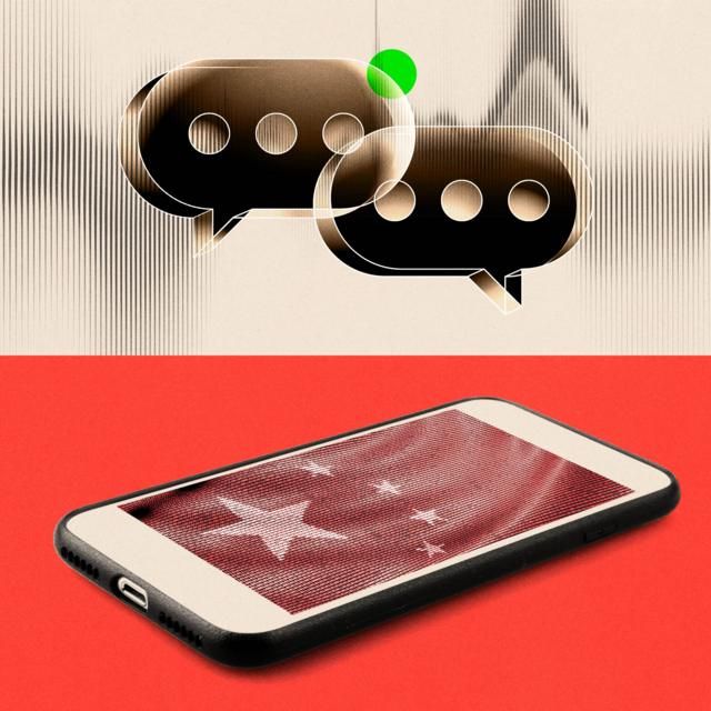经处理的图片：上半部分显示聊天对话气泡，下半部分显示一部智能手机，萤幕上显示中国国旗。