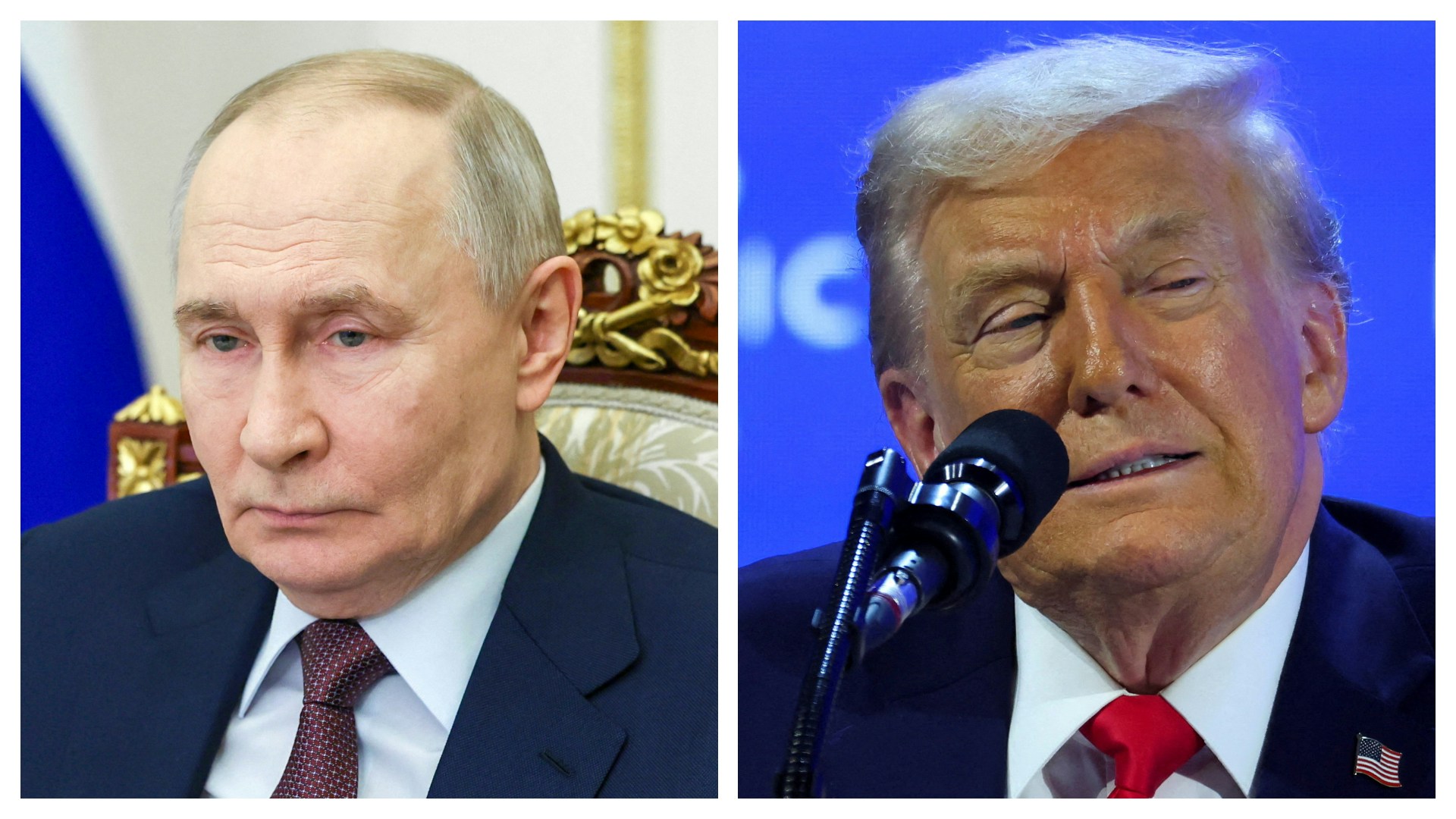 右图：2026年1月21日，瑞士达沃斯，美国总统特朗普（Donald Trump）出席世界经济论坛年会（WEF）时发表演说。（Reuters）左图：2026年1月21日，俄罗斯总统普京（Vladimir Putin）在莫斯科克里姆林宫透过视讯主持政府会议。（Reuters）