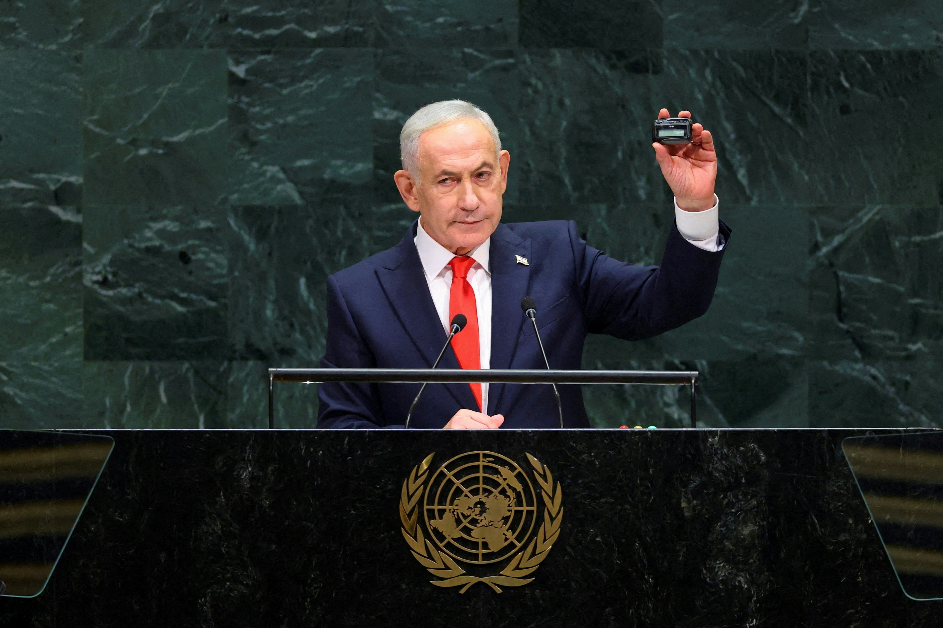2026年9月24日，美国纽约，以色列总理内塔尼亚胡（Benjamin Netanyahu）在联合国大会发表演说。（Reuters）