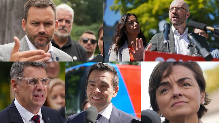 Composite illustration features Parti Québécois Leader Paul St-Pierre Plamondon, top left, Québec Solidaire co-spokespeople Ruba Ghazal and Sol Zanetti, top right, Quebec Conservative Leader Éric Duhaime, bottom left, Quebec Liberal Party Leader Charles Milliard, bottom centre, and Coalition Avenir Québec Leader Christine Fréchette, bottom right. 